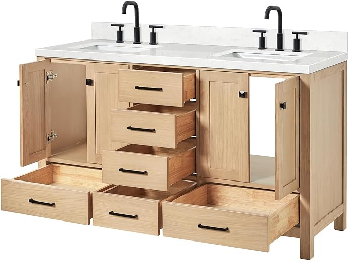 ARIEL Cambridge 60-inch Bathroom Vanity with Sink,Solid Wood, 1.5-inch Carrara White Quartz Countertop, Double Rectangular Porcelain Sink, 4 Soft Closing Doors, 6 Dovetail Drawers, White Oak