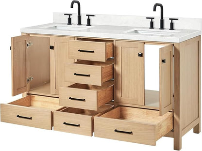 ARIEL Cambridge 60-inch Bathroom Vanity with Sink,Solid Wood, 1.5-inch Carrara White Quartz Countertop, Double Rectangular Porcelain Sink, 4 Soft Closing Doors, 6 Dovetail Drawers, White Oak