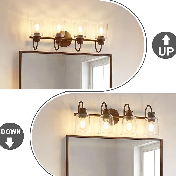 4 Lights Bathroom Light Fixture Oil Rubbed Bronze Vanity Lights | ETL Certificate, Easy to Install,Wall Mount Up or Down,Thickened Glass Lampshade,E26 Socket,Hardwired