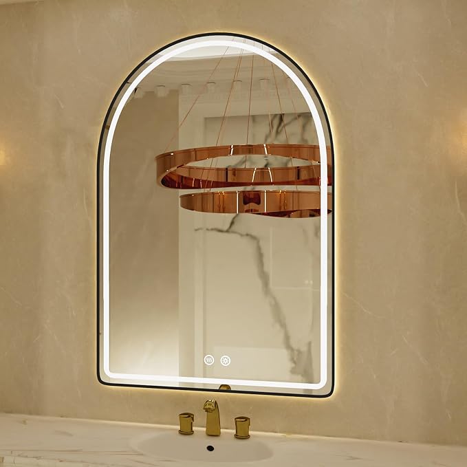 24"x36" Black Framed Arched LED Bathroom Mirror with Lights, Front Light and Backlit Vanity Mirror for Wall, Dimmable LED, Anti-Fog and 3 Colors, Light Up Bathroom Vanity Mirror