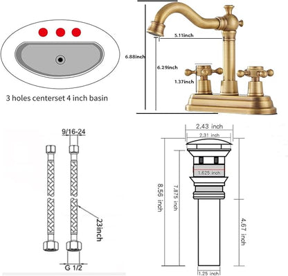 Bathroom Faucet Antique Brass GGStudy 2 Handles 4 Inches Centerset Bathroom Vanity with Drain Assembly and Supply Hose Lavatory Faucet Mixer Double Handle Tap