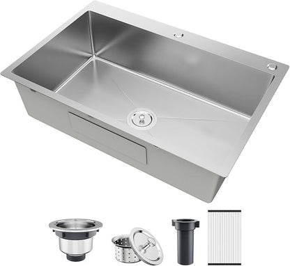 33x22 Inch Topmount or Drop In Kitchen Sink Worktation, Stainless Steel Single Bowl Sink with Drainpipe for RV, Prep Kitchen