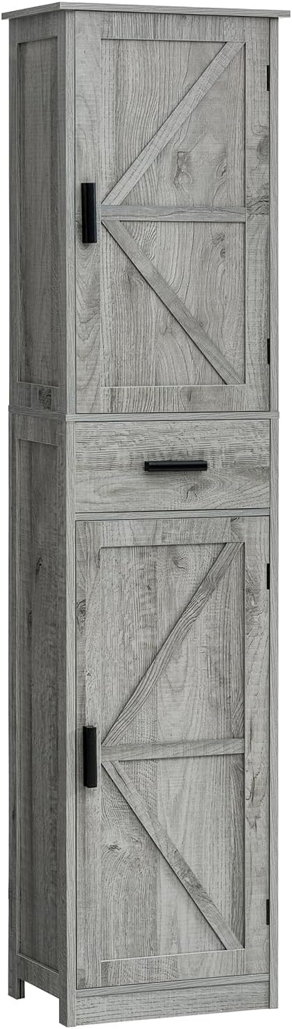 WEENFON Tall Bathroom Cabinet, Storage Cabinet with 6 Shelves & Drawer, Bathroom Storage Cabinet with Adjustable Shelves, Tall Cabinet for Living Room, Home Office, Grey