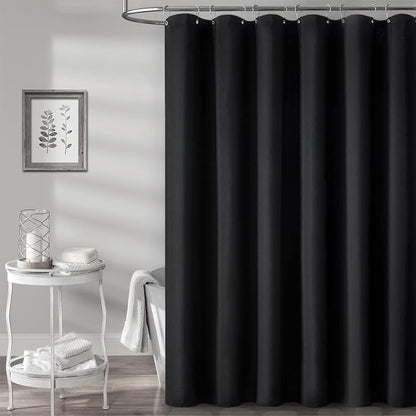 Black Linen Textured Waterproof Thick Fabric Shower Curtain Set, 72x72 | 230GSM Polyester, Heavy Duty Cloth, Weighted Hem, 12 Plastic Hooks, Modern Hotel Style, Machine Washable, Bathroom Decor