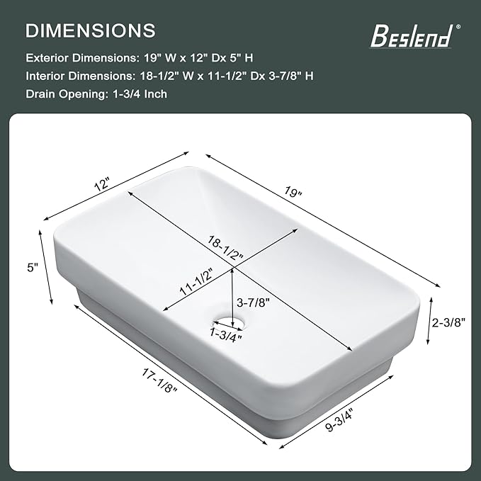 Vessel Sink-Beslend Bathroom Semi Recessed Sinks 19x12 Rectangular White Ceramic Modern Vessel Sinks Bath Wash Sink Bowl Vanity Sink Above Counter Basin