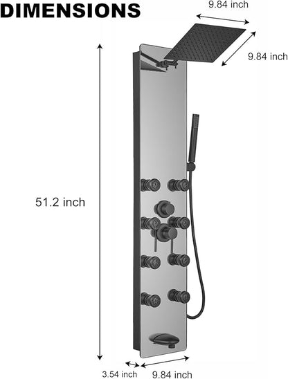 Shower Panel Tower System, 10" Adjustable Rainfall Shower, 8 Body Massage Jets, Glass Shower Panel, Wall Mounted