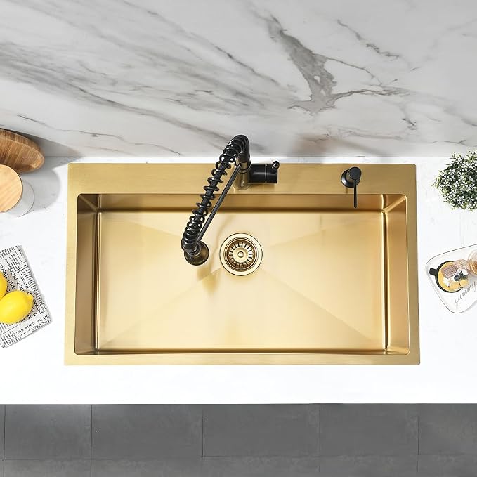 Gold Kitchen Sink, 33x19 Drop In Kitchen Sink Stainless Steel | Top Mount Kitchen Sink 16 Gauge Stainless Steel Deep Single Bowl Sink with Drain Assembly