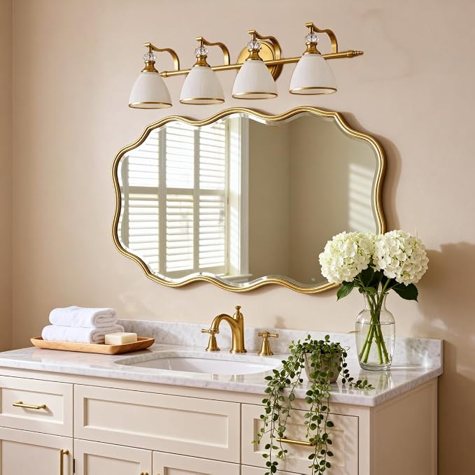 Brushed Gold Vanity Light, 4-Light Bathroom Light Fixtures, Vintage Wall Lamp with Bell Shaped Frosted Lampshade, 27.8 Inch Bathroom Lighting Fixtures Over Mirror, (Bulbs Not Included)