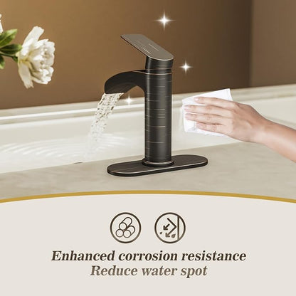 Oil Rubbed Bronze Waterfall Single Handle Bathroom Sink Faucet, with 6-Inch Deck Plate & Metal Pop Up Drain Assembly and CUPC Water Supply Lines,NS-SF01-ORB