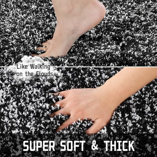 Yimobra Toilet Rugs U Shaped Washable 24X20, Ultra Soft and Water Absorbent Bath Mats, Non Slip Fluffy Shaggy Luxury Microfiber Contour Bath Rugs for Toilet, Dry Quick, Black and White