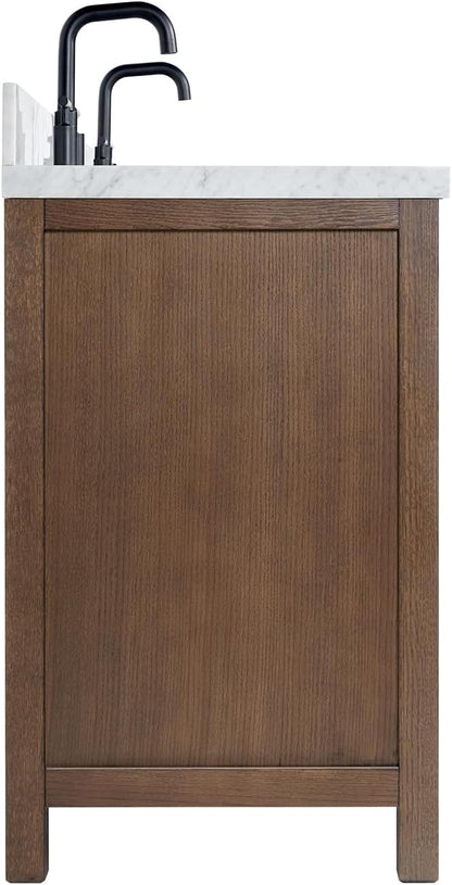 ARIEL Cambridge 60-inch Bathroom Vanity with Sink,Solid Wood, 1.5-inch Italian Carrara Marble Countertop, Double Rectangular Porcelain Sink, 4 Soft Closing Doors, 6 Dovetail Drawers, Brown Oak