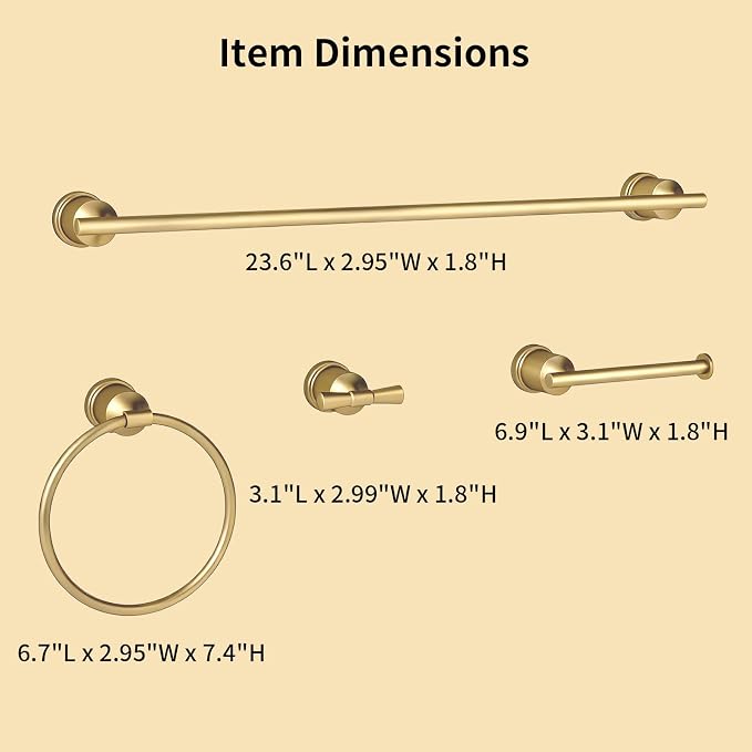 Gold Bathroom Hardware Set, 4-Pieces Wall Mounted Bath Accessories Kit, Stainless Steel Towel Bar, Towel Ring, Toilet Paper Holder & Robe Hooks, Modern Brushed Gold Finish
