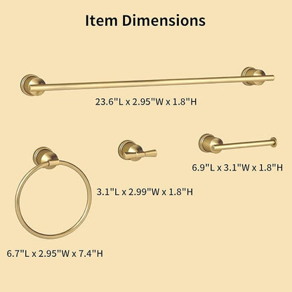 Gold Bathroom Hardware Set, 4-Pieces Wall Mounted Bath Accessories Kit, Stainless Steel Towel Bar, Towel Ring, Toilet Paper Holder & Robe Hooks, Modern Brushed Gold Finish