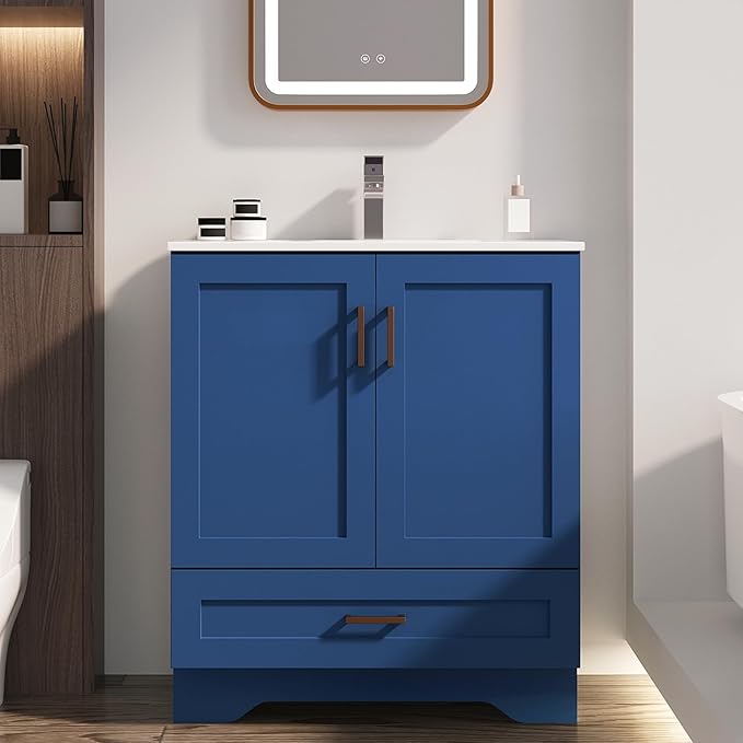 30 inch Bathroom Vanity with Sink, Modern Blue Vanity for Bathroom with Undermount Ceramic Sink, Freestanding 2-Door & 1-Drawer Storage Cabinet, for Small Bathroom Space, (Blue, 30")