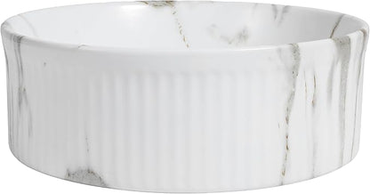 JONATHAN Y SNK1006C 14.75" Round Bathroom Vessel Sink, Modern White Marble Finish Ceramic Above Counter Sink Bowl with Ribbed Exterior, Art Deco Designer Vanity Basin for Powder Rooms