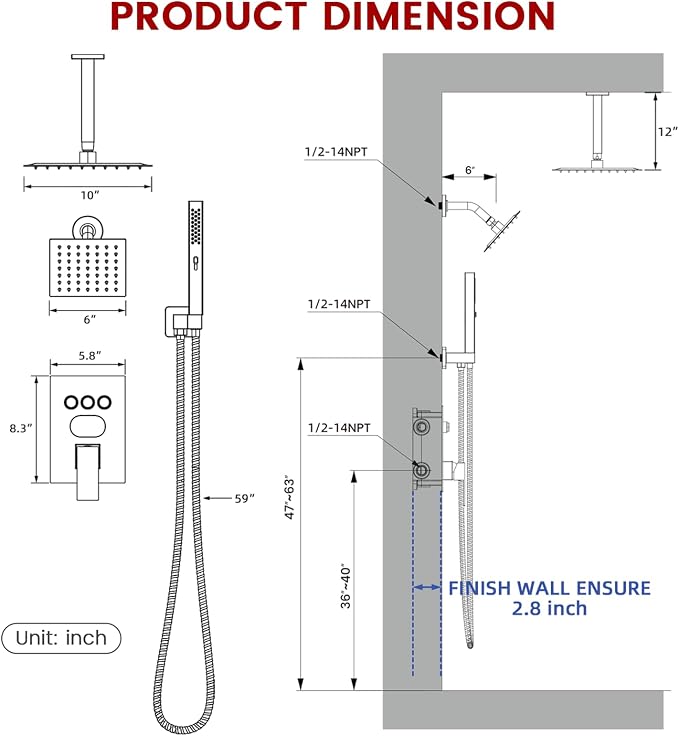 Longriver 3-Push Button Shower Faucet Set Hydro Power Temperature Display | Shower System Ceiling Mounted 10" & Wall Mounted 6" Shower Head with 3-Spary Handheld, Brushed Gold