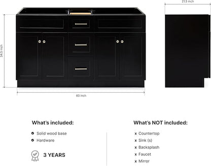 ARIEL Hamlet 60-inch Bathroom Vanity Base Cabinet,Solid Wood, 4 Soft Closing Doors, 3 Dovetail Drawers, Brushed Nickel, Black