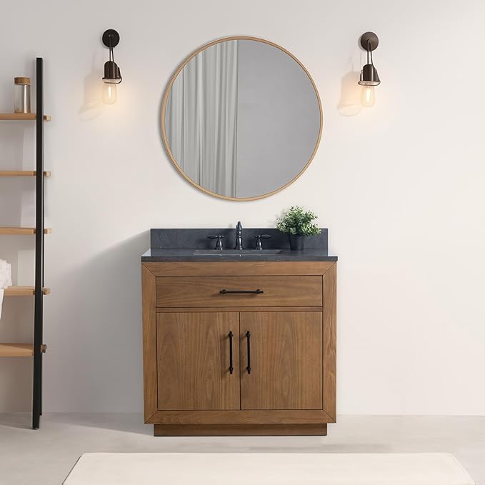 Vanity Art 36 inch Bathroom Vanity with Sink, Solid Poplar Wood, Vanity Cabinet with Doors and Removable Shelf, Modern Wood Cabinet with Black Marble Top, Ceramic Sink, Tan, VA70-36-T-B