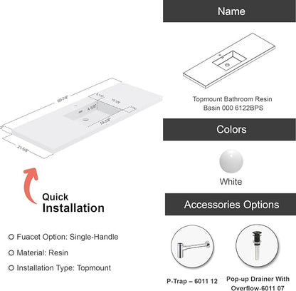 Dowell 61" Bathroom Sink,Single Bowl Vanity Basin,Rectangular Drop-In Bathroom Sink with Overflow,White-000 6122BPS