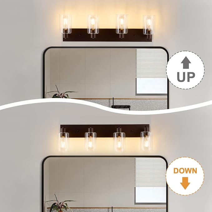 4 Lights Bathroom Light Fixtures Oil Rubbed Bronze Vanity Light with Clear Glass Shade 30in Modern Bathroom Lighting Fixtures Over Mirror for Bedroom/Living Room