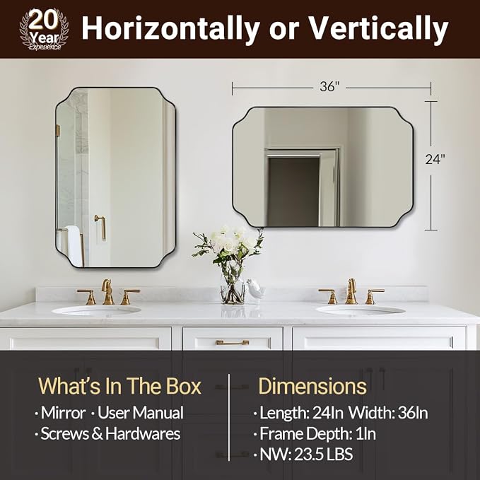 Bathroom Vanity Mirror, 24x36 Inch Matte Black Mirror, Modern Rectangle Mirrors for Bathroom, Asymmetrical Wall Mirror with Scalloped Round Corner