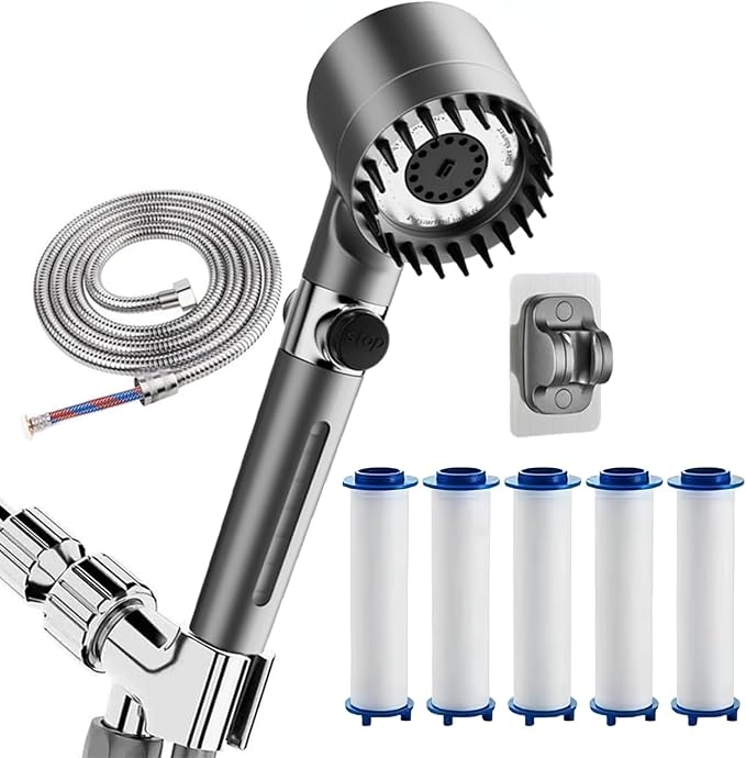Shower Drops Head Filtered Showerhead With Five Filters,Filtered Shower Head With Handheld,High Pressure Turbo Showerhead,Reusable,Adjustable Settings With Hose4-piece set abc