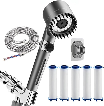 Shower Drops Head Filtered Showerhead With Five Filters,Filtered Shower Head With Handheld,High Pressure Turbo Showerhead,Reusable,Adjustable Settings With Hose4-piece set abc