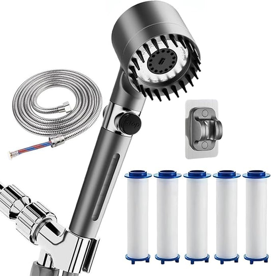 Shower Drops Head Filtered Showerhead With Five Filters,Filtered Shower Head With Handheld,High Pressure Turbo Showerhead,Reusable,Adjustable Settings With Hose4-piece set abc