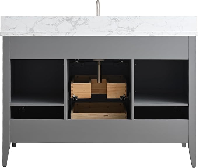 HomeBeyond 48 Inch Bathroom Vanity with Sink & Ceramic Top, Single Vanity Cabinet with Basin, Soft-Closing Doors & Matte Black Hardware, Grey