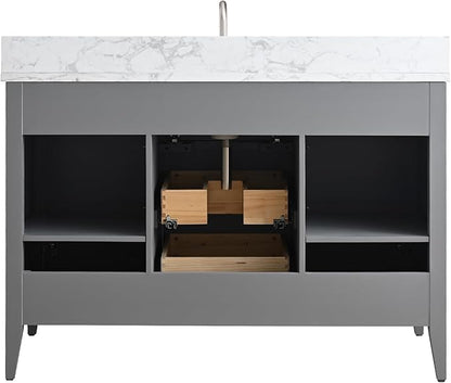 HomeBeyond 48 Inch Bathroom Vanity with Sink & Ceramic Top, Single Vanity Cabinet with Basin, Soft-Closing Doors & Matte Black Hardware, Grey