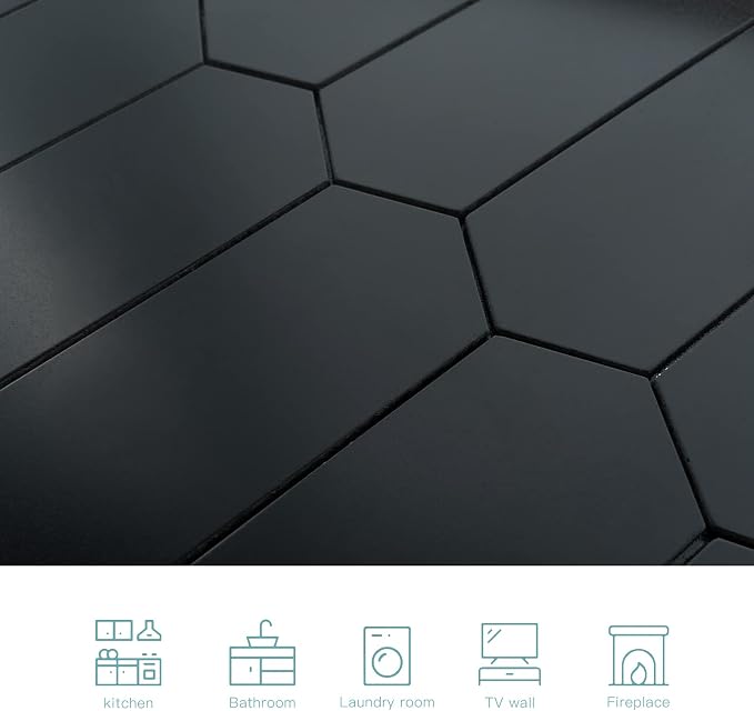 Black Peel and Stick Picket Backsplash Tile, Ceramic Look Long Hexagon Self Adhesive Stick on Wall Tiles for Kitchen Bathroom, Pack of 6