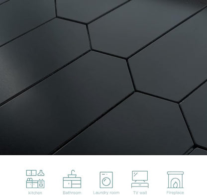 Black Peel and Stick Picket Backsplash Tile, Ceramic Look Long Hexagon Self Adhesive Stick on Wall Tiles for Kitchen Bathroom, Pack of 6