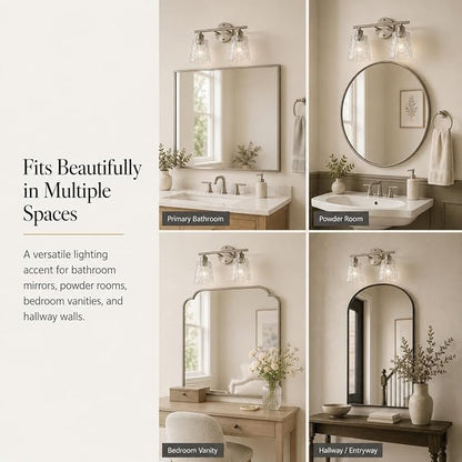 Brushed Nickel Bathroom Light Fixture, 2-Light Modern Vanity Light Over Mirror with Textured Glass Shades, Stainless Steel Construction, E26 Sockets (Bulbs Not Included)