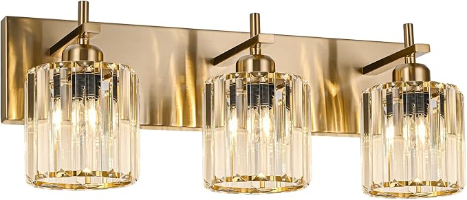 Modern Crystal Bathroom Vanity Lights, Gold 3-Lights Bathroom Light Fixtures Over Mirror, Crystal Wall Lighting with Polished Brass Finish