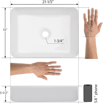 Mocoloo Bathroom Vessel Sink Rectangular 21"X14" Modern Rectangle Countertop Vessel Sink White Porcelain Ceramic Lavatory Vanity Sink Above Counter Basin