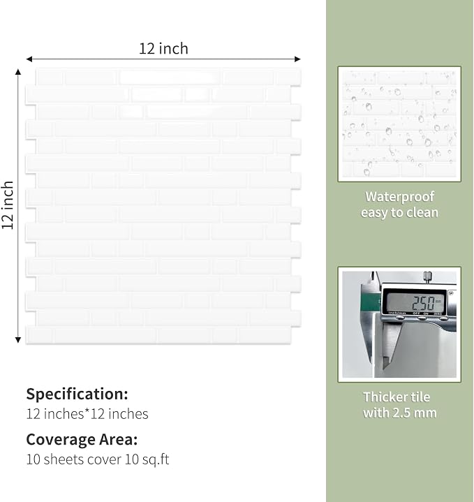 10 Sheets Thick Peel and Stick Kitchen Backsplash Tiles | 3D Waterproof Self Adhesive Wall Tile Stick on Backsplash for Kitchen,Bathroom and Fireplace(White,12"×12")
