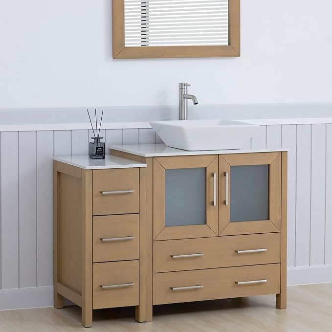 Vanity Art 42 Inch Vessel Single Sink Bathroom Vanity Cabinet with 1 Mirror, Engineered Marble Top Bathroom Cabinet Compact Set with 5 Dovetail Drawers and Soft Closing Doors, VA3130-42NO