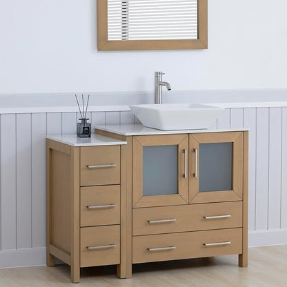 Vanity Art 42 Inch Vessel Single Sink Bathroom Vanity Cabinet with 1 Mirror, Engineered Marble Top Bathroom Cabinet Compact Set with 5 Dovetail Drawers and Soft Closing Doors, VA3130-42NO
