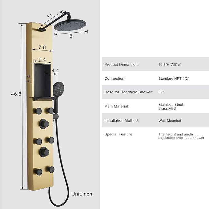 POPFLY Shower Panel Tower System with Shelf, Adjustable Shower Arm Height 8-inch Rainfall Head System, Stainless Steel Shower Panel, 6 Body Jets and 5-Setting Handheld Shower, Brushed Gold
