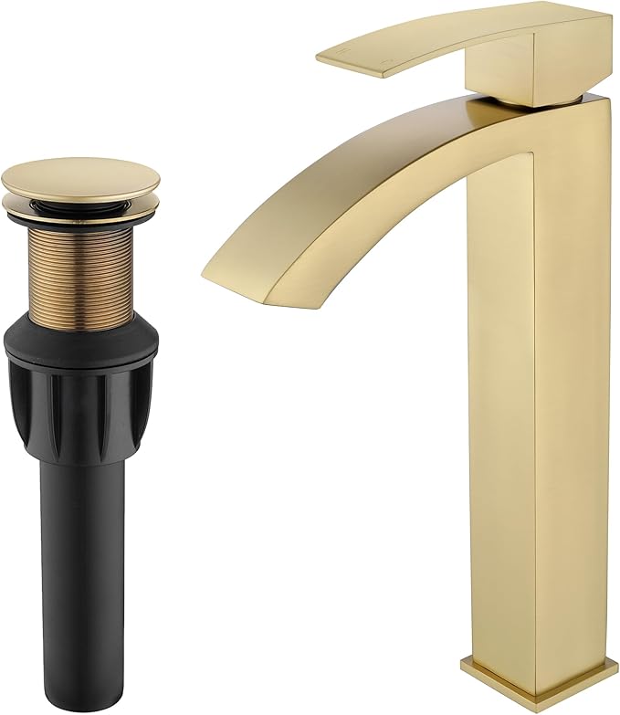 Brushed Gold Vessel Sink Faucet, Tall Bathroom Faucet, Single Hole Single Handle Waterfall Bathroom Sink Faucet with cUPC Supply Hose and Metal Pop Up Drain JU-BS101-BG