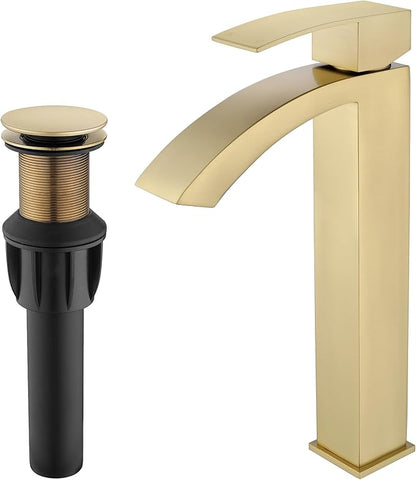 Brushed Gold Vessel Sink Faucet, Tall Bathroom Faucet, Single Hole Single Handle Waterfall Bathroom Sink Faucet with cUPC Supply Hose and Metal Pop Up Drain JU-BS101-BG