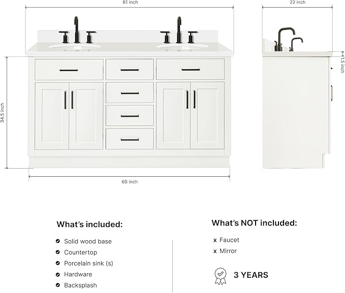 ARIEL Hepburn 60-inch Bathroom Vanity with Sink,Solid Wood, 1.5-inch Pure White Quartz Countertop & Backsplash, Double Oval Porcelain Sink, 4 Soft Closing Doors, 6 Dovetail Drawers, White