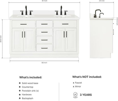 ARIEL Hepburn 60-inch Bathroom Vanity with Sink,Solid Wood, 1.5-inch Pure White Quartz Countertop & Backsplash, Double Oval Porcelain Sink, 4 Soft Closing Doors, 6 Dovetail Drawers, White