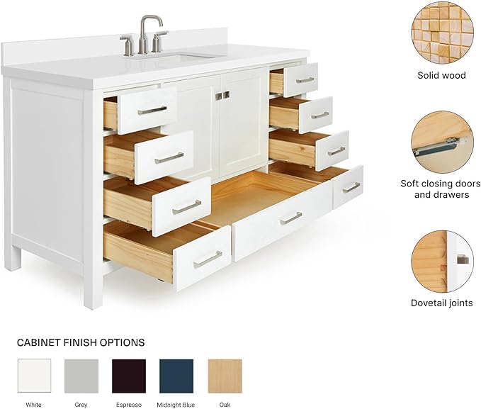 ARIEL Cambridge 60-inch Bathroom Vanity with Sink,Solid Wood, 1.5-inch Pure White Quartz Countertop & Backsplash, Single Rectangular Porcelain Sink, 2 Soft Closing Doors, 9 Dovetail Drawers, White