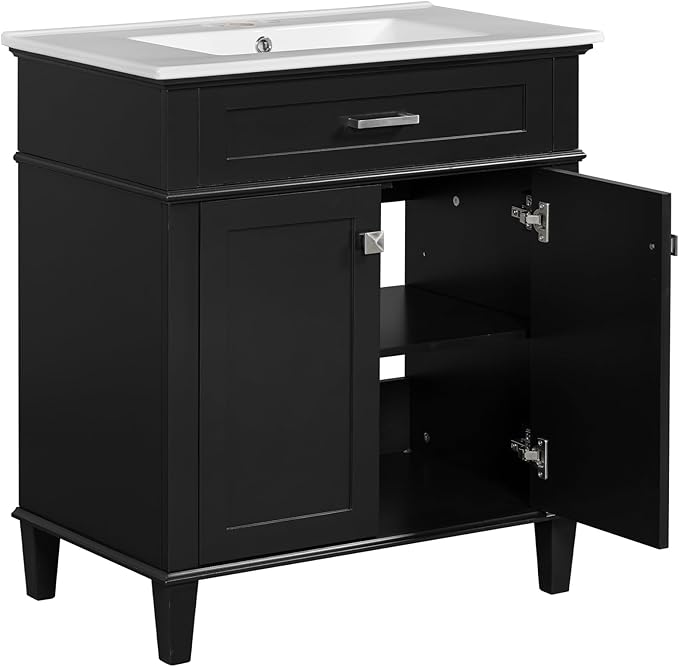 Favfurish 30" Bathroom Vanity with Ceramic Sink,Undermount Single Basin Bath Vanity Set w/2 Soft-Close Doors and Adjustable Shelf,Modern Freestanding Storage Cabinet,Solid Wood Frame,Black