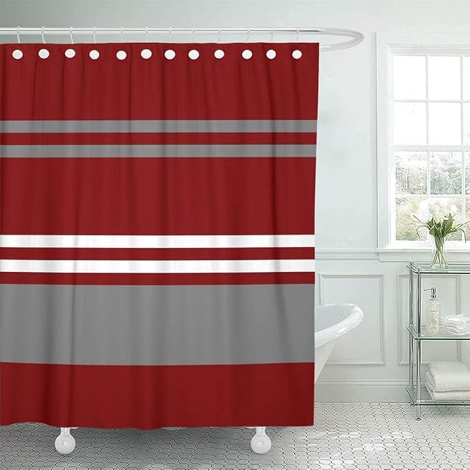 Shower Curtain, for Bathroom Decor 72 x 72 Inch, Striped Brick Red | Grey Crimson Waterproof Polyester Fabric Shower Curtains Set with Hooks