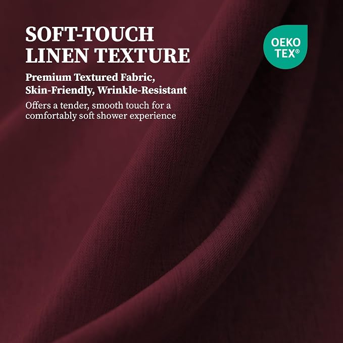 Long Linen Textured Waterproof Shower Curtain Set, 72x84, Burgundy | Tall Size, 230GSM Polyester, Heavy Duty Cloth, Weighted Hem, 12 Plastic Hooks, Modern Luxury Hotel Style, Machine Washable