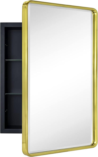 TEHOME Farmhouse Brushed Gold Metal Framed Recessed Bathroom Medicine Cabinet with Mirror Rounded Rectangle Medicine Cabinet with Beveled Mirror 16x24''