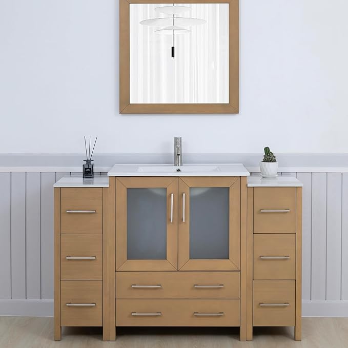 Vanity Art 54 Inch Under Mount Single Sink Bathroom Vanity Cabinet with 1 Mirror, Ceramic Top Bathroom Cabinet Compact Set with 8 Dovetail Storage Drawers and Brushed Nickel Handles, VA3030-54-NO
