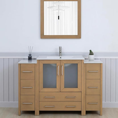 Vanity Art 54 Inch Under Mount Single Sink Bathroom Vanity Cabinet with 1 Mirror, Ceramic Top Bathroom Cabinet Compact Set with 8 Dovetail Storage Drawers and Brushed Nickel Handles, VA3030-54-NO